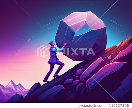 Man Pushing Stone Uphill With Determination Overcoming Obstacles Metaphor 119127206