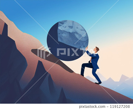 Man Pushing Stone Uphill With Determination Overcoming Obstacles Metaphor 119127208