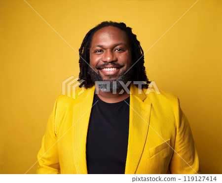 Studio Portrait of African American Black Man Smiling Happily Studio Portrait of African American Black Man Smiling Happily 119127414