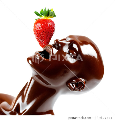 Image of a chocolate mannequin eating a strawberry, cut-out on white background Image of a chocolate mannequin eating a strawberry, cut-out on white background 119127445