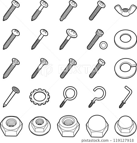 Illustrations of screws, nuts, bolts, etc. Illustrations of screws, nuts, bolts, etc. 119127918
