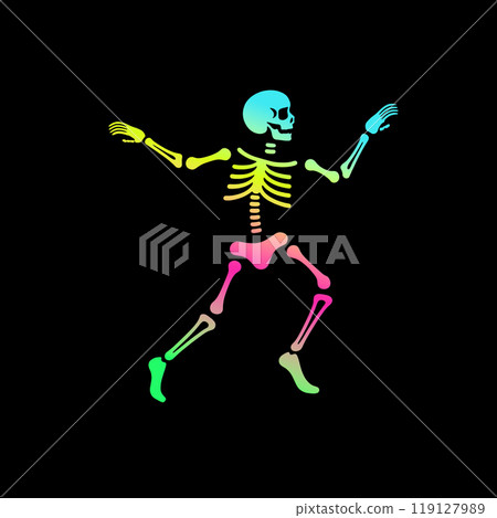 Psychedelic color gradient illustration of a skeleton in a comical pose on a black background Psychedelic color gradient illustration of a skeleton in a comical pose on a black background 119127989