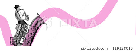 Poster. Contemporary art collage. Saxophonist playing intensely with large tuba, framed by pink wave, symbolizing boldness of brass instruments and jazz music. 119128016