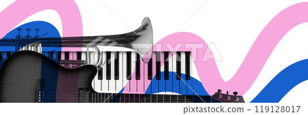 Poster. Contemporary art collage. Trumpet, guitar, and keyboard combination with abstract pink and blue waves, blending classical and modern music elements. 119128017