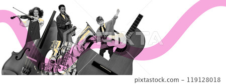 Banner. Contemporary art collage. Group of children playing various instruments with pink waves crossing through, symbolizing creative expression. 119128018