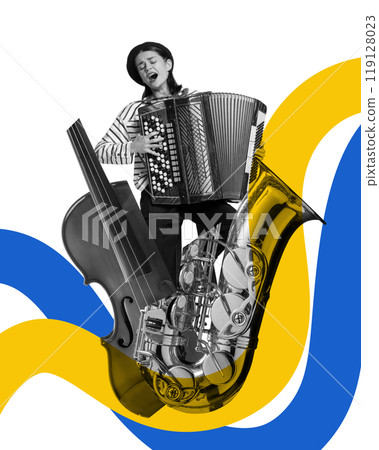 Poster. Contemporary art collage. Musician playing accordion passionately, surrounded by violin and tuba with dynamic vibrant yellow and blue waves. Poster. Contemporary art collage. Musician playing accordion passionately, surrounded by violin and tuba with dynamic vibrant yellow and blue waves. 119128023