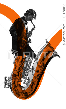 Poster. Contemporary art collage. Saxophonist playing with focus and intensity, wrapped in orange waves against white background. Poster. Contemporary art collage. Saxophonist playing with focus and intensity, wrapped in orange waves against white background. 119128035