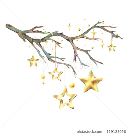 Dry tree branch without leaves with hanging New Year's shimmering golden stars and beads. Watercolor illustration New Year, Christmas hand drawn. Sublimation isolated from background. 119128038