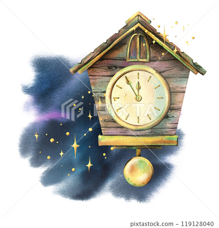 Wooden clock with pendulum, round dial in vintage style on the background of the night sky and stars. Watercolor illustration New Year, Christmas hand-drawn. Sublimation isolated from the background. Wooden clock with pendulum, round dial in vintage style on the background of the night sky and stars. Watercolor illustration New Year, Christmas hand-drawn. Sublimation isolated from the background. 119128040