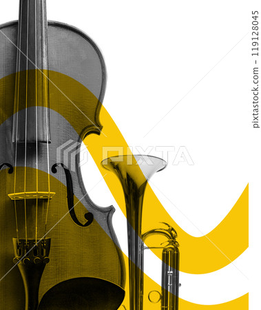 Poster. Contemporary art collage. Close-up of violin and brass instrument, blending classical and contemporary styles with bold yellow waves crossing over. Poster. Contemporary art collage. Close-up of violin and brass instrument, blending classical and contemporary styles with bold yellow waves crossing over. 119128045