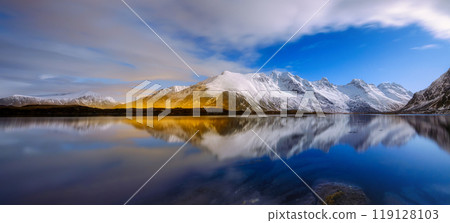 Lofoten islands, Norway. Panoramic landscape. Moon light. Long exposure photography. 119128103