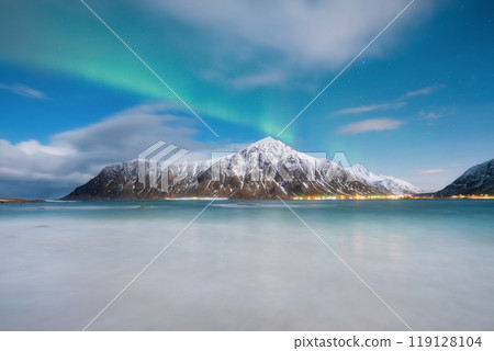 Northern Lights in Norway, Lofoten Islands. Winter night landscape. Starry sky with polar lights. Northern Lights in Norway, Lofoten Islands. Winter night landscape. Starry sky with polar lights. 119128104