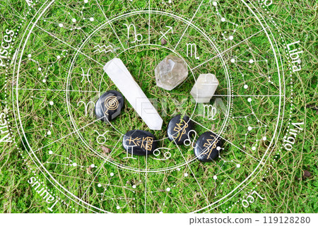 Healing crystals on brown background Healing crystals on brown background 119128280