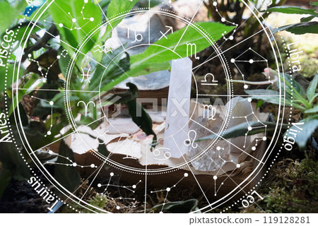 Healing crystals on brown background Healing crystals on brown background 119128281