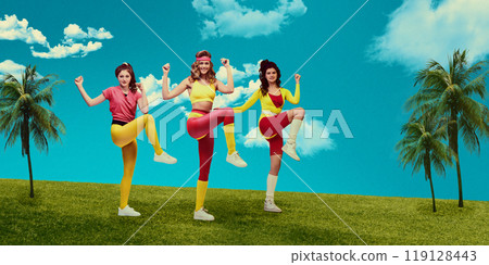 Three women in 80s aerobics attire joyfully training under blue sky. Retro fitness fun. Creative art collage. 119128443