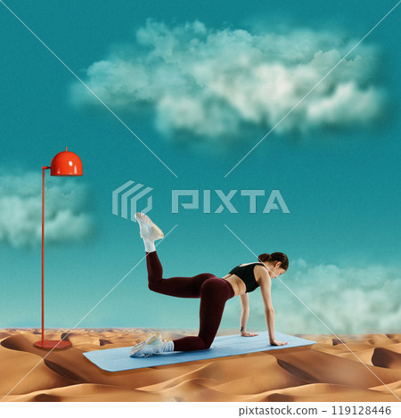 Woman training on yoga mat in desert, with red lamp contrasting with serene scene. Unusual fitness journey. Creative art collage. 119128446