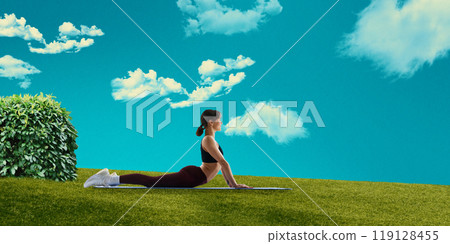 Young woman in yoga pose on grassy hill with bright blue sky and fluffy clouds in the background. Calm outdoor yoga. Creative art collage. 119128455
