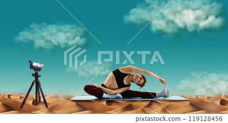 Young woman stretching on yoga mat in abstract desert, with old camcorder recording. Online workout lessons with trainer. Creative art collage. 119128456