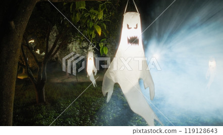 Scary Ghost Among The Fog In The Night Forest Halloween 119128643