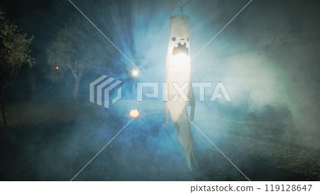 Scary Ghost Among The Fog In The Night Forest Halloween 119128647