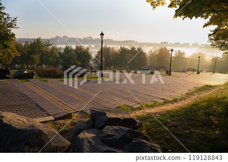 morning in the park with a big staircase and lanterns 119128843