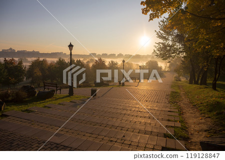 morning in the park with a big staircase and lanterns 119128847