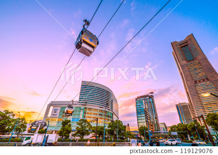 Yokohama cityscape in Japan, overlooking the Yokohama Landmark Tower and the Minato Mirai area (26th) 119129076