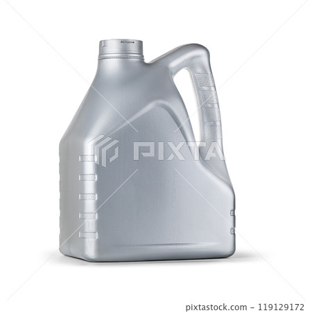 Silver gray plastic canister with motor oil isolated on white Silver gray plastic canister with motor oil isolated on white 119129172
