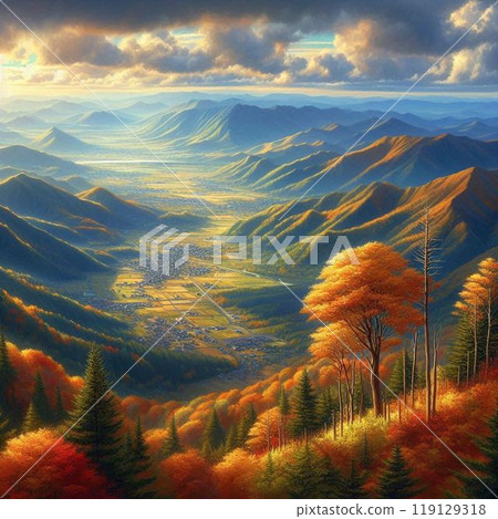 A view of the town at the foot of the mountain from the summit where the autumn leaves are beautiful 119129318