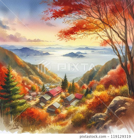 Illustration of a village deep in the mountains 119129319