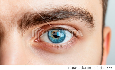 Close-Up of a Blue Eye with Detailed Iris and Eyebrow in Natural Light, AI 119129366