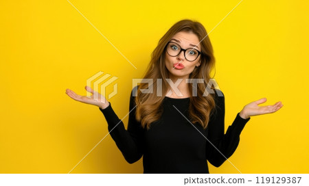 Confused Woman in Black Sweater Against Yellow Background, AI 119129387