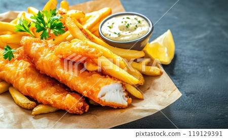 Crispy Fish and Chips with Tartar Sauce on Parchment Paper, AI 119129391