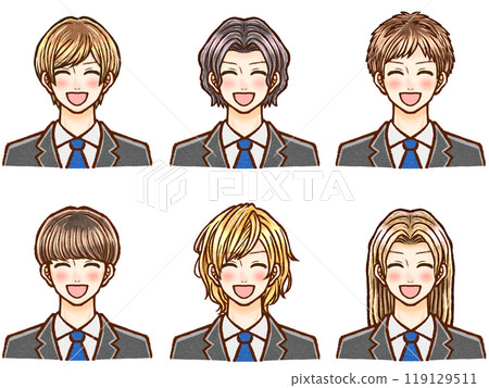 Set of 4 illustrations of adult men in suits with various hairstyles Set of 4 illustrations of adult men in suits with various hairstyles 119129511