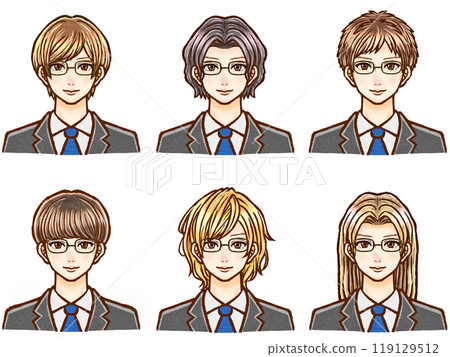 Set of 5 illustrations of adult men in suits with various hairstyles Set of 5 illustrations of adult men in suits with various hairstyles 119129512