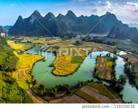 Aerial drone view of rice terrace paddle field around the river at Phong Nam, Trung Khanh, Cao Bang, Vietnam 119129538