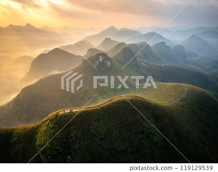 Aerial drone view of Ba Quang grass hill in Vinh Quy commune, Ha Lang district, Cao Bang, Vietnam Aerial drone view of Ba Quang grass hill in Vinh Quy commune, Ha Lang district, Cao Bang, Vietnam 119129539
