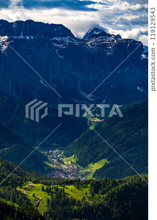 Aerial view of Sass Pordoi Mountain, Dolomites, Italy 119129543
