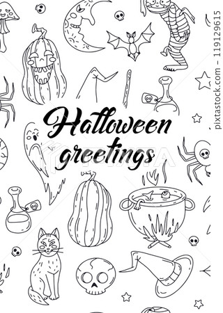Card or poster with cute Halloween illustration with pumpkins and witchy elements 119129615