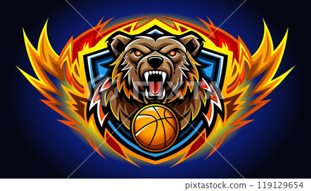 Symbol, logo of a brown bear with bloodshot eyes roaring fiercely with a glowing orange basketball surrounded by intense flames. 119129654