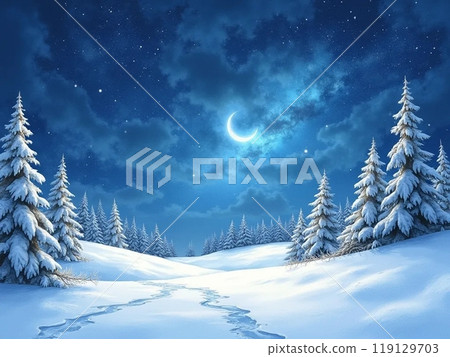 冬天雪景的插圖。夜空中的新月和星星看起來很美麗。 冬天雪景的插圖。夜空中的新月和星星看起來很美麗。 119129703