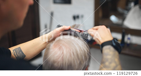 Back of the customer head as barber trimming his hair with scissors. Craft of the haircut. Elderly man attending barber shop 119129726