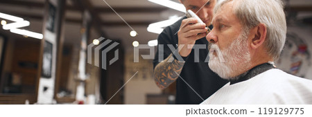 Barber, with focused attention, trimming client beard and mustache, ensuring clean lines. Elderly man visiting barbershop. Banner 119129775