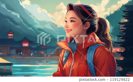 Girl in red with ponytail 119129822