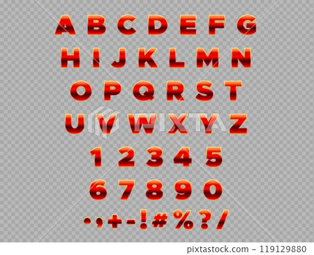 Abstract red alphabet isolated on transparent background. Glossy vector alphabet letters and numbers set. Modern dynamic 3d font 119129880