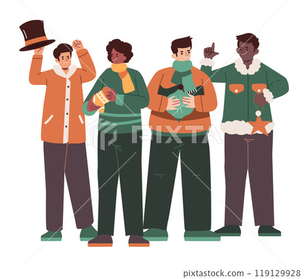 Man wear a winter clothes with christmas costume . Flat design cartoon characters . Vector . 119129928