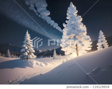 This is a slightly 3D illustration of a winter snow scene. It was created using AI generation. Please make use of it. 119129939