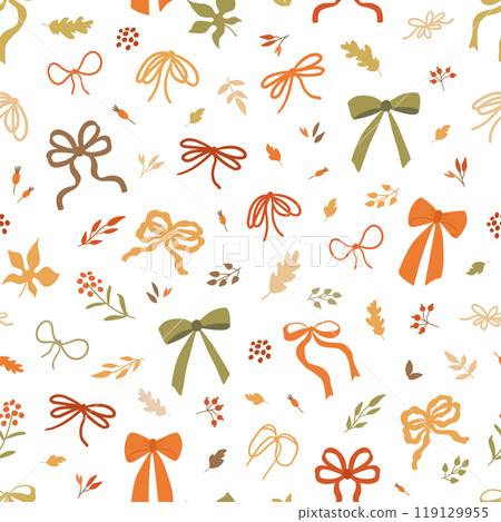 Fall bows and ribbons seamless pattern. Autumn vector cottagecore repeat background. Cute October floral print Fall bows and ribbons seamless pattern. Autumn vector cottagecore repeat background. Cute October floral print 119129955