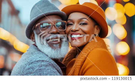 Elderly Couple Smiling in Vibrant Urban Setting with Warm Lighting and Stylish Attire, AI 119130015