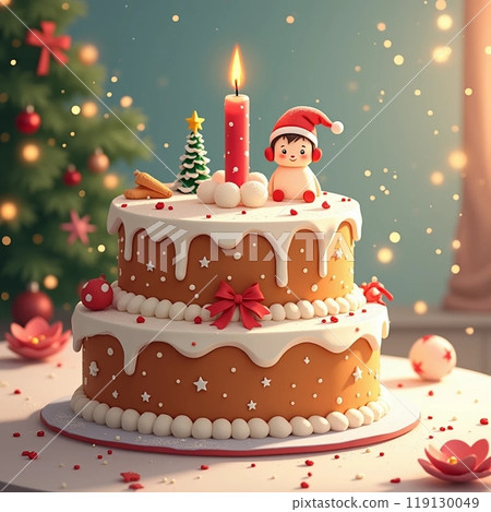 This is an illustration of a Christmas cake. It has a fun and happy atmosphere. The glittering decorations give it a warm feel. 119130049